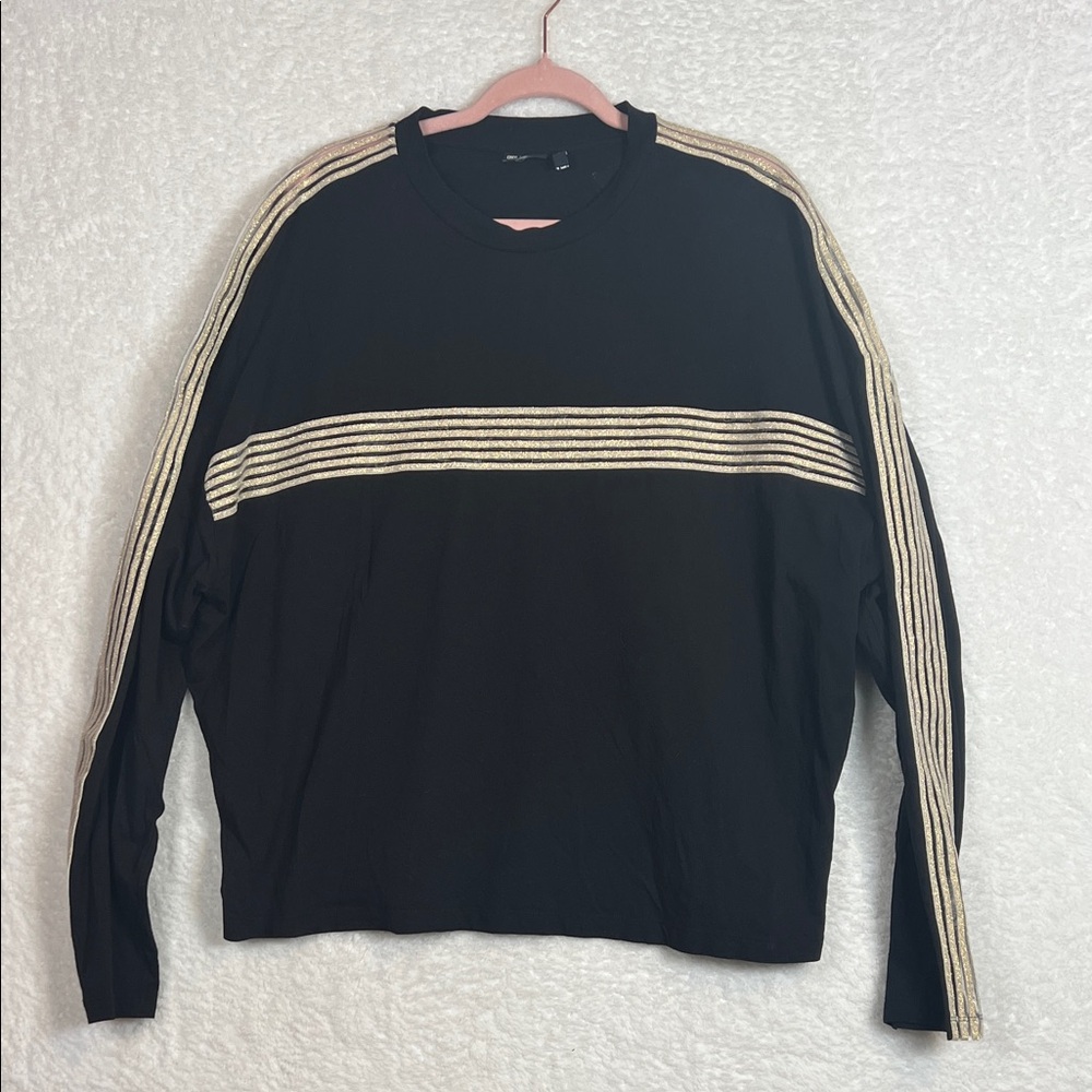 Asos Black‎ Boxy Long Sleeve Tee with Gold and Sheer Mesh Stripes Large